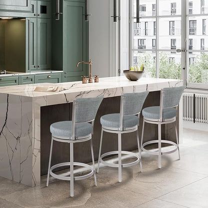 Bar Stools Set of 2, 25 Inch Metal Counter Height Bar Chairs, Modern Linen Fabric 360° Round Swivel Barstools with Back, Counter Stools for Kitchen Island, Pub, Grey & White