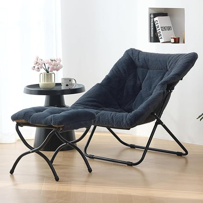 Saucer Chair with Ottoman, Comfy Doorm Chairs, Oversized Folding Faux Fur Chair, Foldable Metal Frame Chair for Bedroom, Living Room(Navy Blue)