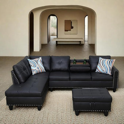 97" L Shaped Sectional Couch with Cup Holder, Modern 4 Seat Modular Sectional Sofa with Storage Ottoman, Living Room Sets for Small Spaces, Apartment, Faux Leather, Black