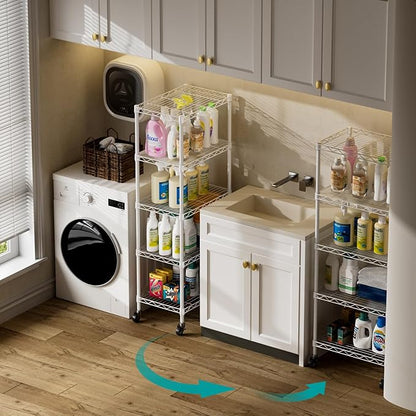 SINGAYE 5 Shelves Storage Shelf Wire Closet Bathroom Organizers Metal Pantry Kitchen Small Garage Shelving Unit Laundry Room Organization Home Narrow Rack Net Basket with Wheels White