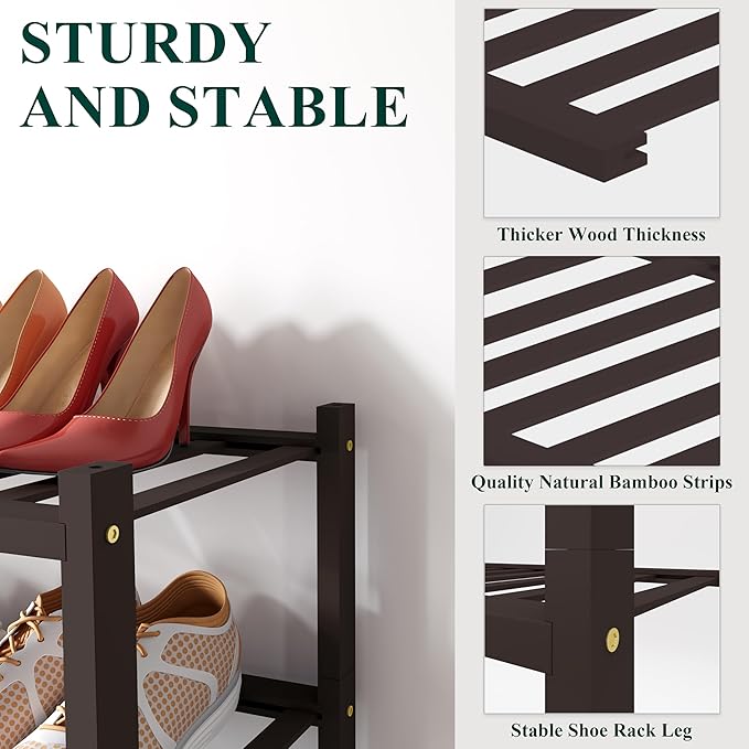Smiry Shoe Rack, 2 Tier Small Bamboo Shoe Organizer, Stackable Free Standing Wooden Shoe Storage Shelf for Closet, Entryway, Front Door Entrance, Brown