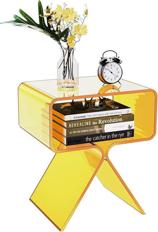 Acrylic Nightstand Side Table Modern Design Clear Home Decor Display End Table for Living Room (Yellow)