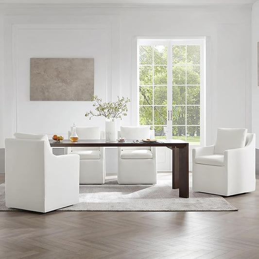 Upholstered Dining Chairs with Casters Washable Cover Side Deskchair with Rollers for Diningroom, Living Room, Cream, 4 Box