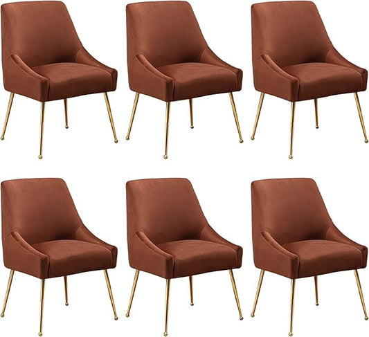 Modern Velvet Dining Chairs Set of 6, Contemporary Upholstered Furniture Collection with Polished Gold Metal Legs, Elegant Accent Chairs for Kitchen Living Room(Brown)