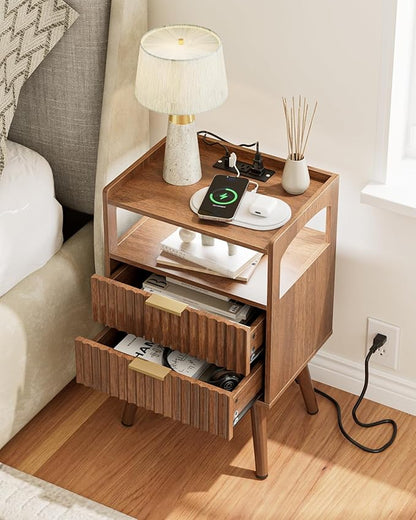 Nightstand with Charging Station and LED Lights,Modern Bedside Table with 2Drawer and Open Shelf,Walnut Night Stand with Solid Wood Legs,End Table for Living Room、Bedroom and Small Spaces