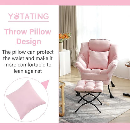 Lazy Chair with Ottoman, Comfy Reading Lounge Chair with Footstool & Throw Pillow Modern with Armrests & Side Pocket for Living Room, Bedroom, Dorm Room, Pink