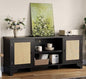 GarveeHome Rattan TV Stand for Living Room, Boho Entertainment Center for 55, 65, 70 Inch TV, TV Console Cabinet with Storage and Shelf, Black