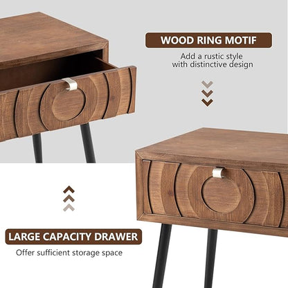 COSIEST End Tables Set of 2, Mid Century Modern Nightstands, Wood Bedside Tables, Accent End Tables with One Storage Drawer for Living Room, Bedroom (Brown, Circle Pattern)