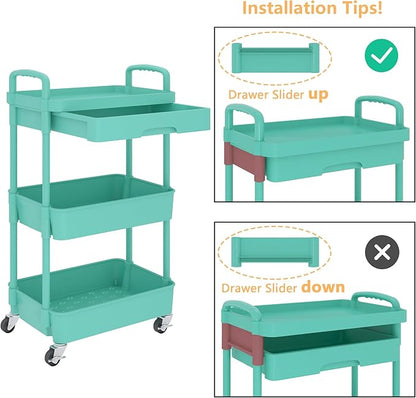 Calmootey 3-Tier Rolling Utility Cart with Drawer,Multifunctional Storage Organizer with Plastic Shelf & Metal Wheel,Storage Cart for Kitchen,Bathroom,Living Room,Office,Green