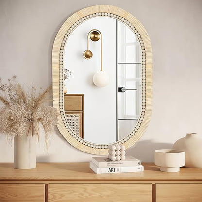 ULIKE Rattan Mirror for Bathroom, 20x30 Inch Oval Rustic Farmhouse Wall Decor with Handmade Wicker Frame, Boho Mirror for Nursery Bedroom Living Room Entryway