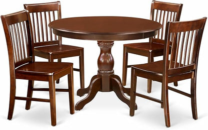 East West Furniture HBNF5-MAH-W 5 Piece Kitchen Table Set for 4 Includes a Round Dining Room Table with Pedestal and 4 Solid Wood Seat Chairs, 42x42 Inch, Mahogany