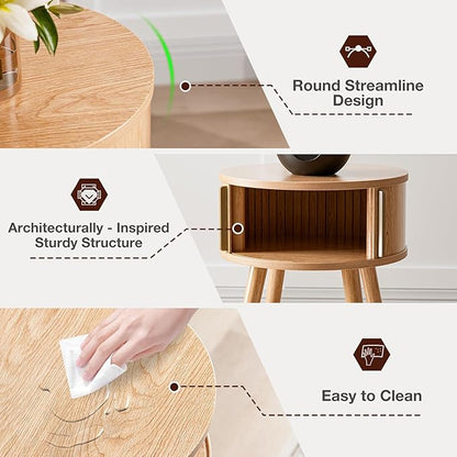 Side Table with Sliding Door & Cabinet, End Table for Living Room, Night Stand for Bedroom, Modern Bedside Table with Solid Wood Legs, Natural