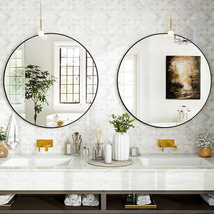 Black Round Bathroom Mirror, 24 inch Circle Wall Mounted Hanging Mirror with Simple Modern Circular Metal Frame for Hallway, Entryway, Living Room, Black Frame