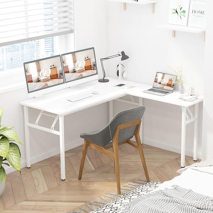 DlandHome Reversible L-Shaped Desk Large Corner Desk Folding Table Computer Desk Home Office Table Computer Workstation,White-N