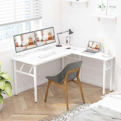 DlandHome Reversible L-Shaped Desk Large Corner Desk Folding Table Computer Desk Home Office Table Computer Workstation,White-N