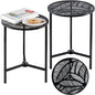 2 Packs 13" Metal Outdoor Side Tables Small Black Outside End Table for Patio Round Accent Corner Stand for Small Spaces Weather-Resistant Coffee Table for Balcony Porch Plant Stand, Palm Leaf