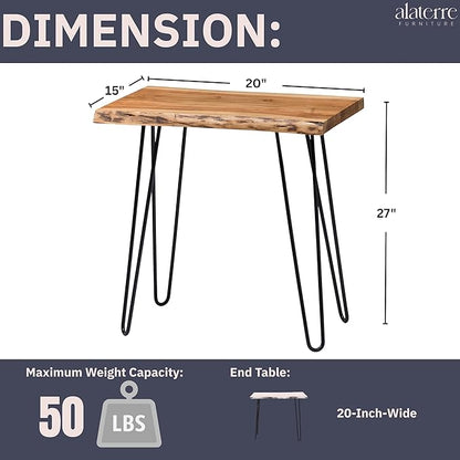 Alaterre Furniture Natural Live Edge End Table - 15” x 20” x 27” Acacia Wood Side Table with Metal Hairpin Legs and Protective Floor Pads - Mid Century Modern Living Room Furniture (Natural)