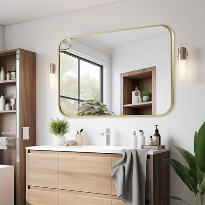 40x30 Inch Gold Bathroom Mirror, Brushed Gold Metal Framed Rectangular Mirror with Rounded Corner, Bathroom Vanity Mirror for Bedroom or Living Room, Horizontal/Vertical
