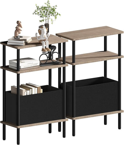 Narrow Side Table with Fabric Basket, Set of 2 End Table for Small Spaces, Slim Nightstand with 3-Tier Storage Shelf, Sofa Beside Table, for Living Room, Bed Room, Natrual Walnut