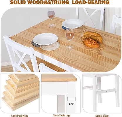 soges Dining Table Set for 4, 42.5 inch Pine Wood Dining Room Table with 4 Chairs, 5-Piece Kitchen Table Chairs Set for Small Space, Apartment, Dinette, Breakfast, White & Oak
