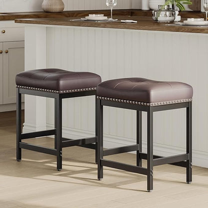 MALOL Set of 4 Saddle Bar Stools Counter Height 24.4”, Backless Barstools for Kitchen Island, Modern PU Leather Cushioned Seat, Bar Chairs for Kitchen Counter, Breakfast Bar Stools for Home,Brown