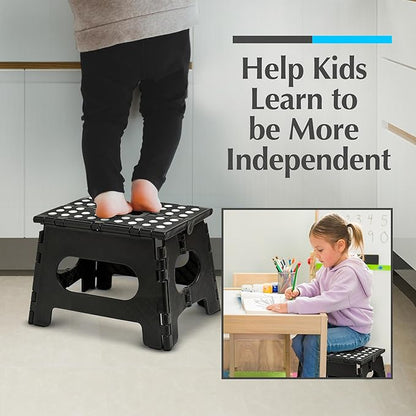 Handy Laundry Folding Step Stool - Sturdy Enough Collapsible Stool to Support Adults and Safe Enough for Kids - Opens Easy with One Flip - Great for Kitchen, Bathroom or Bedroom (Black - 9 Inch)