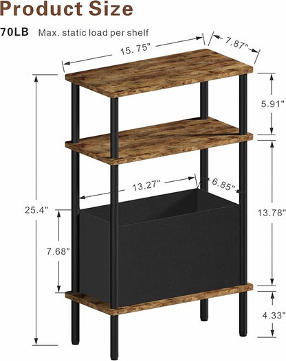 Narrow Side Table with Fabric Basket, Set of 2 End Table for Small Spaces, Slim Nightstand with 3-Tier Storage Shelf, Sofa Beside Table, for Living Room, Bed Room, Rustic Brown