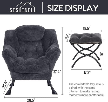 Lazy Chair with Ottoman, Modern Accent Chair Lounge Leisure Sofa Chair with Armrests, Reading Chair and Folding Footstool for Living Room, Bedroom, Office, Plush Navy
