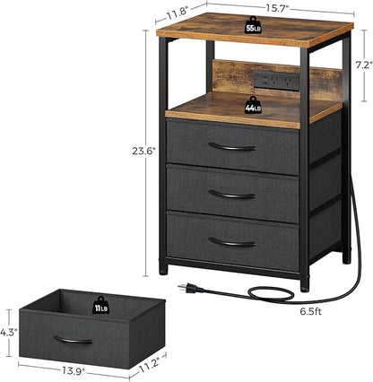 Seventable Nightstand with Charging Station and LED Light, Side Table with 3 Fabric Drawers, Bedside End Table with USB Ports and Outlets, Night Stand for Bedroom, Rustic Brown