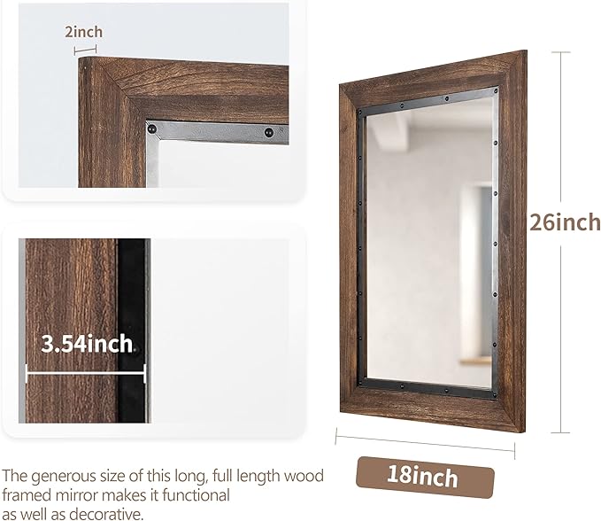 YOSHOOT Rustic Wooden Framed Wall Mirror, 26"x18", Natural Wood and Iron Bathroom Vanity Mirror for Farmhouse Decor, Vertical or Horizontal Hanging