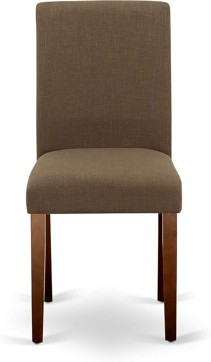 East West Furniture DMAB3-MAH-18 3 Piece Dining Room Table Set Contains a Round Dining Table with Dropleaf and 2 Coffee Linen Fabric Upholstered Parson Chairs, 42x42 Inch, Mahogany