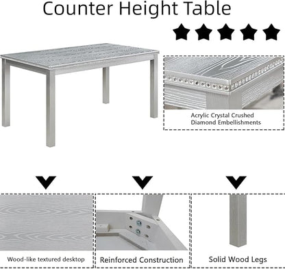 Dining Table Set for 5, 6 Piece Dining Room Table Set with Rectangular Crystal Decoration Table, 4 Upholstered Chairs and Bench, Counter Height Kitchen Sets with MDF Tabletop, Silver Gray