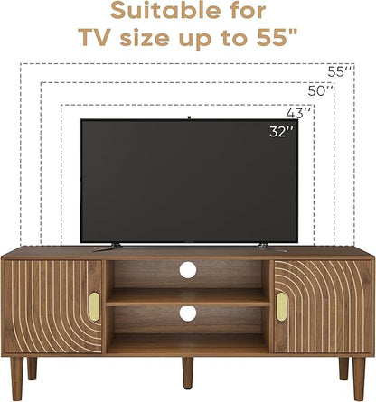Smuxee Walnut TV Stand with Line Groove Design, 47.2" Mid Century Modern TV Media Console for TVs up to 55", TV Cabinet with Adjustable Shelf & 2 Cabinets for Living Room