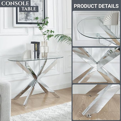 Modern Glass Oval Console Table, Entryway Hallway Narrow Sofa Table, Entrance for Entryway, Living Room, Foyer, Hallway, Office, 45" Lx18 Wx30 H Silver