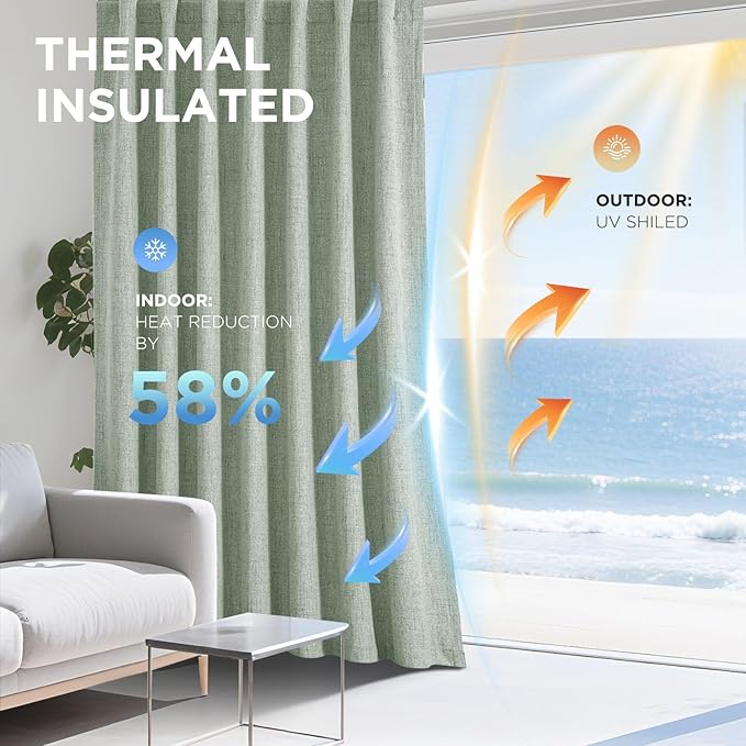 Joydeco 100% Blackout Curtains for Bedroom - Natural Linen Curtains 70" W x 96" L Long, Thermal Insulated 1 Panels Sage Green Light Blocking Drapes, Rod Pocket & Back Tabs for Living Room
