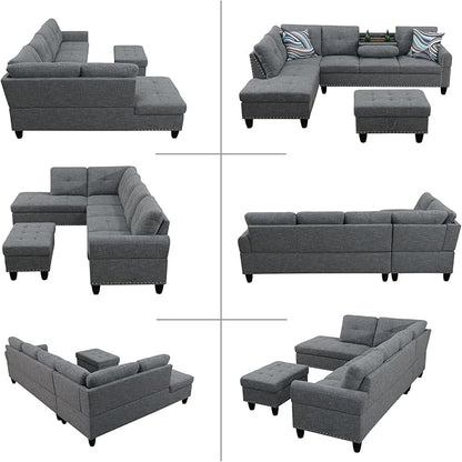 L Shaped Modular Sectional Sofa with Reversible Chaise Lounge, 5-Seater Corner Couch, Linen Upholstery Convertible Sofá w/Movable Ottoman, Cup Holders, 2 Pillows and Rivet Ornament for Living Room