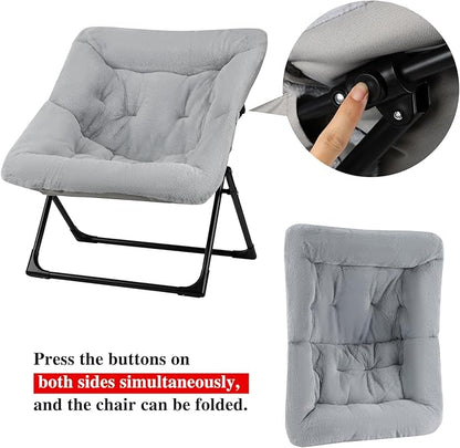 Comfy Saucer Chair for Adults, Soft Faux Fur Bedroom Chair, Accent Dorm Chairs, Flexible Living Room Reading Chairs, Oversized Folding Lounge Seat for Teens, X-Large, Grey