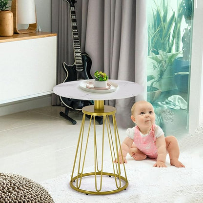 Round End Table Set of 2, Small Side Table for Living Room, Bedroom, Modern Side Tables for Small Spaces, Sofa Couch Table with Metal Frame Legs, Easy Assembly(Gold and White)