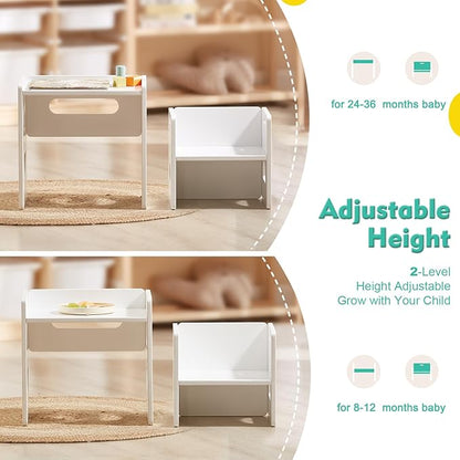 FUNLIO Height Adjustable Montessori Table and Chair Set for Age 1-3, Solid Wood Toddler Table and Chair Set, Weaning Baby Table Chair Set for Reading/Eating/Playing, Easy to Assemble - White