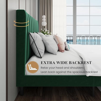 SHA CERLIN King Bed Frame/Velvet Upholstered Platform Bed Frame with Headboard/Strong Wood Slats Support/Mattress Foundation/No Box Spring Needed - Green