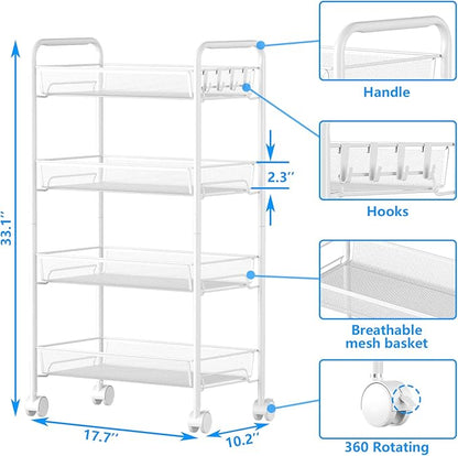 OVICAR 4 Tier Mesh Wire Rolling Cart, Kitchen Storage Organizer Utility Cart, Full Metal Basket Storage Art Trolley Carts with Wheels & 4 Side Hooks