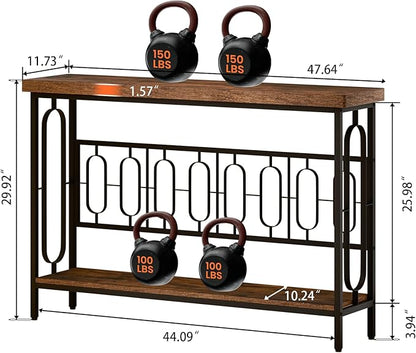 Industrial Console Table for Entryway, Rustic Console Table Behind Couch, 2 Tier Sofa Tables for Home Living Room, Hallway, Entrance, with Metal Frame(48 inches)