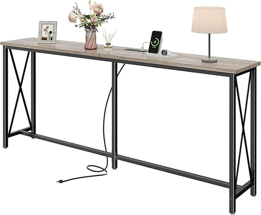 SUPERJARE 70 Inch Console Table with Outlets and USB-C Port, Extra Long Behind Couch Sofa Table with X-Shaped Design, Narrow for Entryway, Living Room, Metal Frame, Wooden Top, Grey Oak