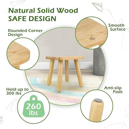 BEE&OAK Wooden Step Stools for Adults, Solid Rubber Wood Non-Slip Step Foot Stool, Heavy Duty 300 lbs One Step Stool for Bedroom, Bathroom, Kitchen (Natural, 9.25" (D) x 9.25"(W) x 8.86"(H))