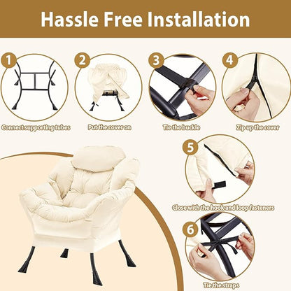 Lazy Chair Thick Padded, Comfy Velvet Accent Lounge Chair with Stable Frame, Leisure Sofa Armchair with Armrests and Side Pocket, Reading Chair for Bedroom, Living Room, Office, Beige