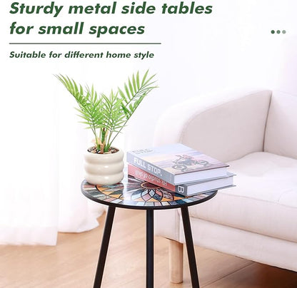 1 Pack Metal Mosaic Round Side Table Small 13.4" End Patio Round Accent Table Garden Corner Stand for Small Spaces Weather-Resistant for Balcony Plant Stand Indoor Outdoor