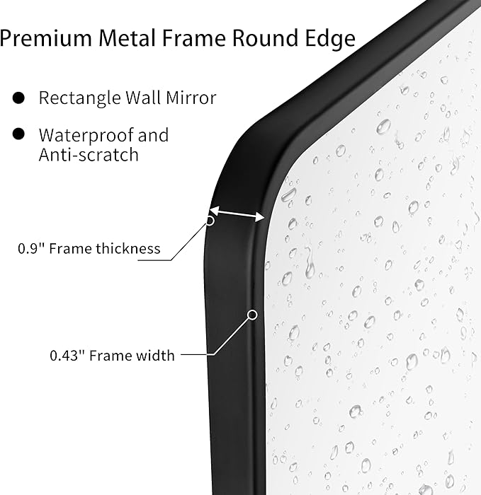 24"x36" Bathroom Wall Mirror with Matte Black Metal Frame & HD Glass, Copper-Free Mirrors Modern Rectangle Round Corner Framed Vanity Mirror - Horizontal or Vertical Installation