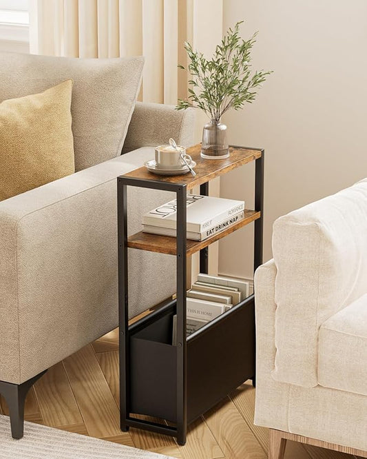 Narrow Side Table End Table, 3-Tier Side Table with Storage Bag, Narrow Nightstand for Small Spaces, Bedside Table for Living Room, Bedroom, Rustic Brown
