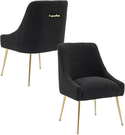 Modern Velvet Dining Chairs Set of 2, Contemporary Upholstered Furniture Collection with Polished Gold Metal Legs, Elegant Accent Chairs for Kitchen Living Room(Teddy Fleece,Black)