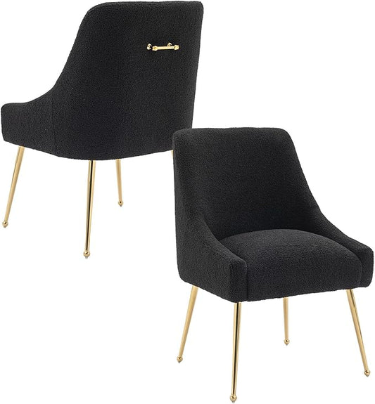 Modern Velvet Dining Chairs Set of 4, Contemporary Upholstered Furniture Collection with Polished Gold Metal Legs, Elegant Accent Chairs for Kitchen Living Room(Teddy Fleece,Black)